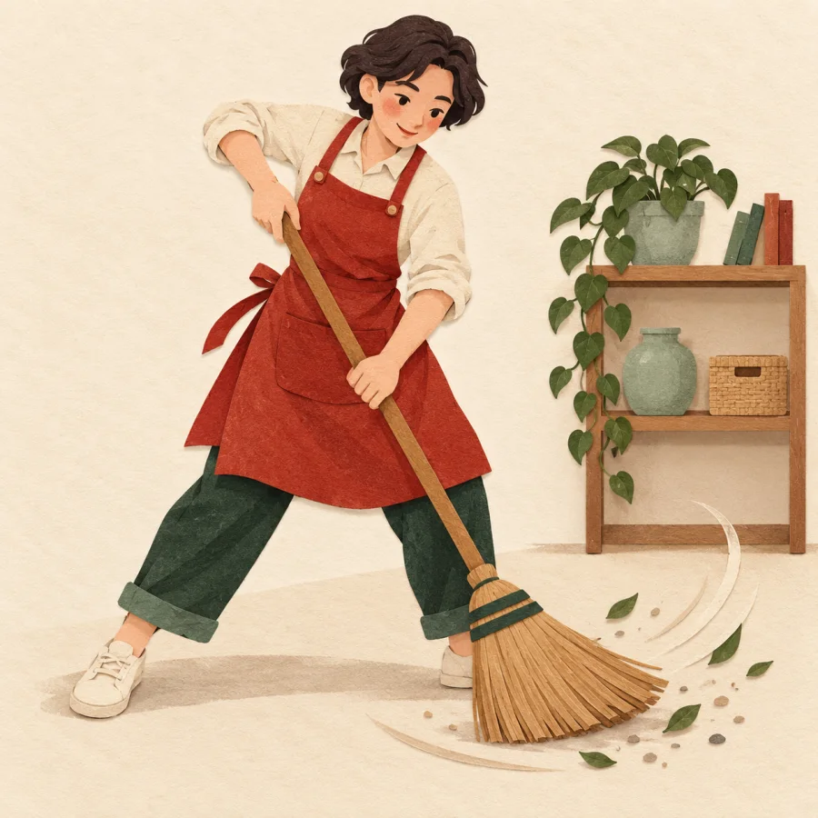 A person quickly sweeps and tidies a room