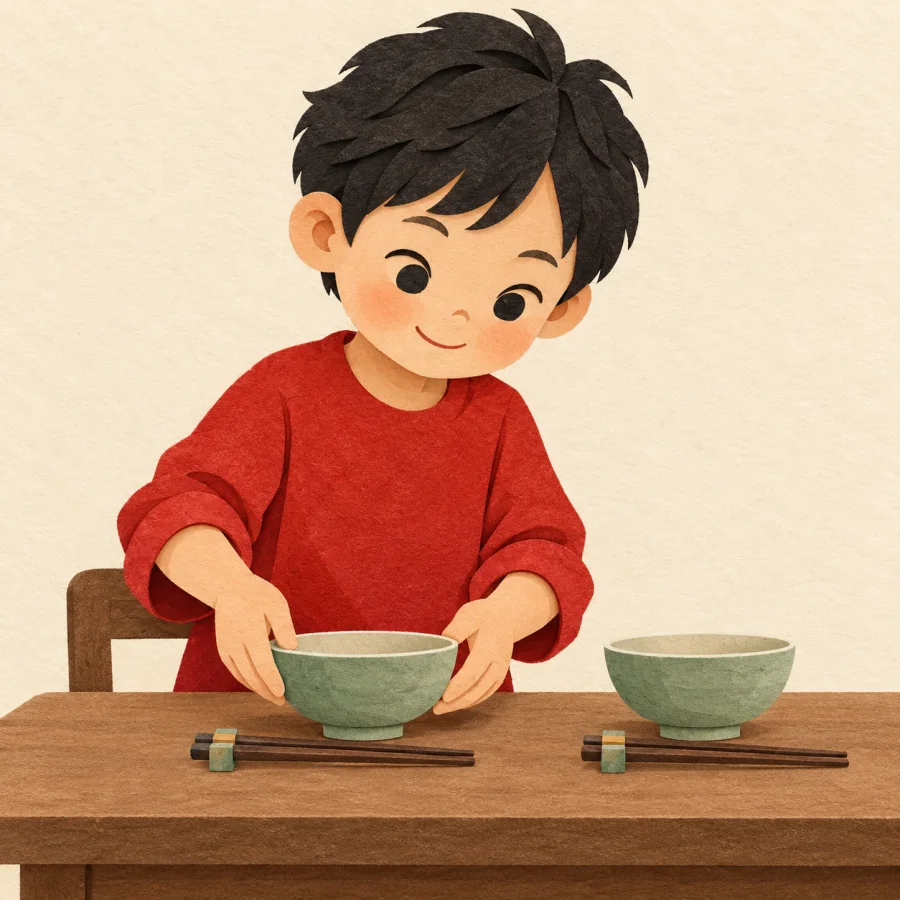 A child sets bowls and chopsticks on a table