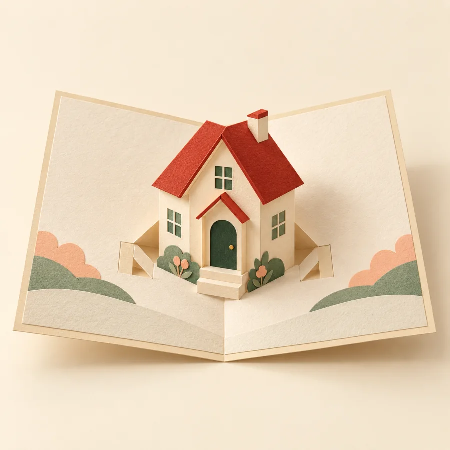 A 3D house pops up from an opened card