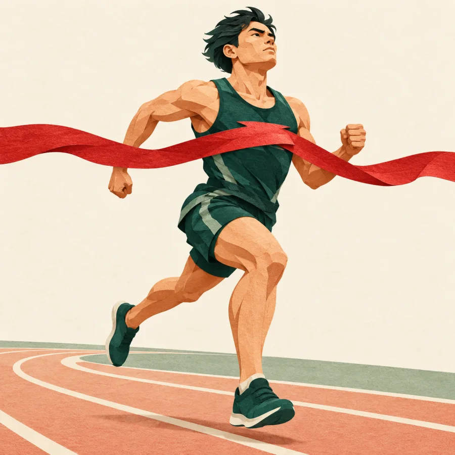 A runner strains toward a red finish ribbon