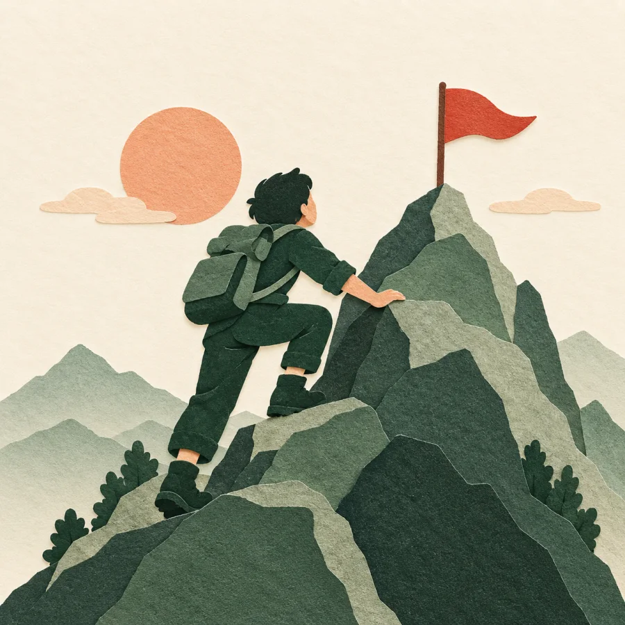A person climbs a slope to a small red flag