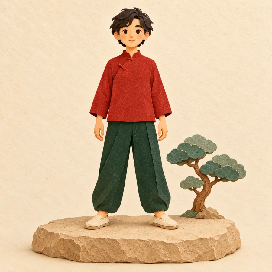 A person stands firmly on a stone slab beside a small tree