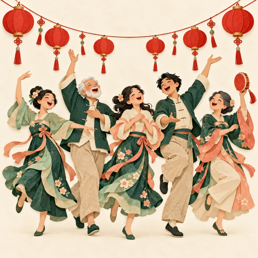 People sing and dance under red lanterns