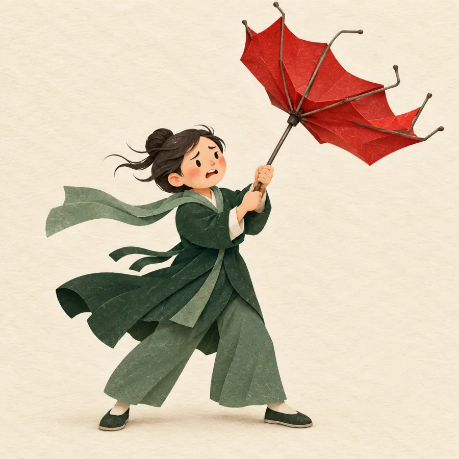 The wind turns a flimsy red umbrella inside out
