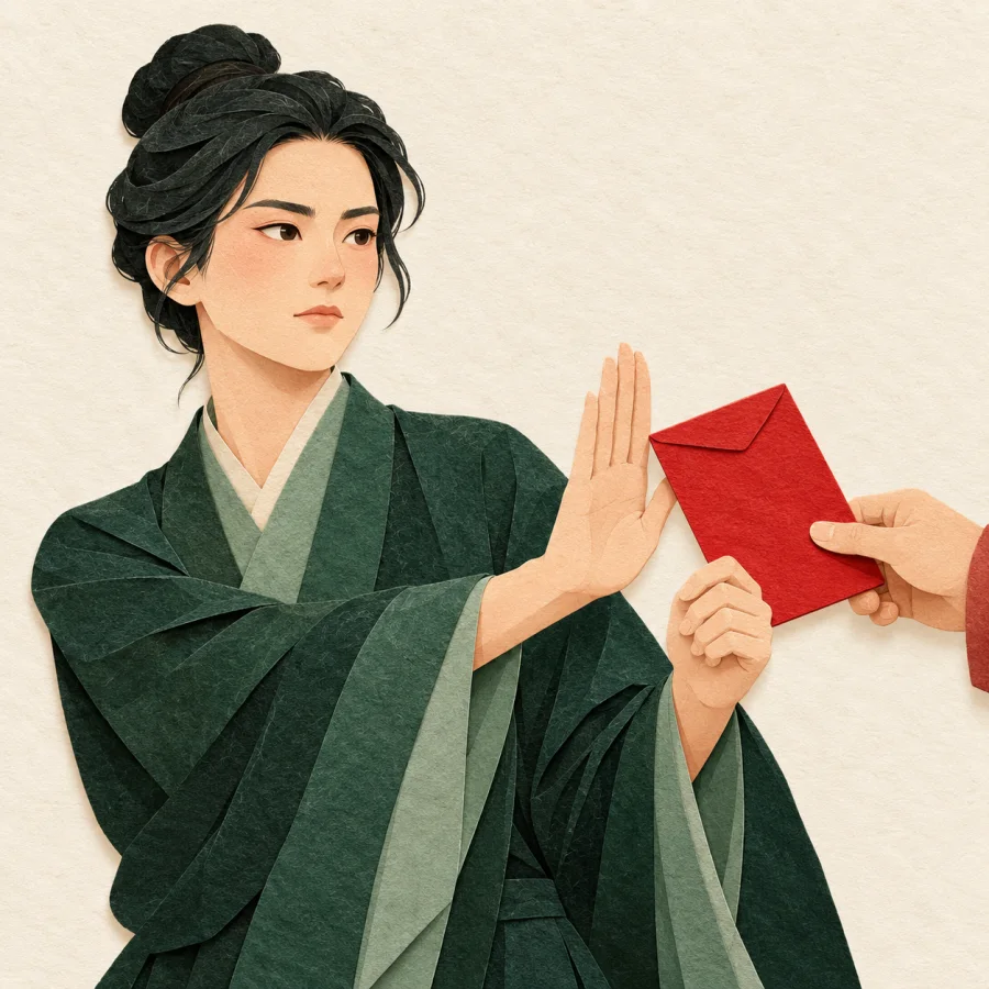 A person firmly pushes away a red envelope