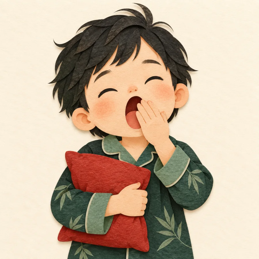 A child yawns widely with a hand over the mouth