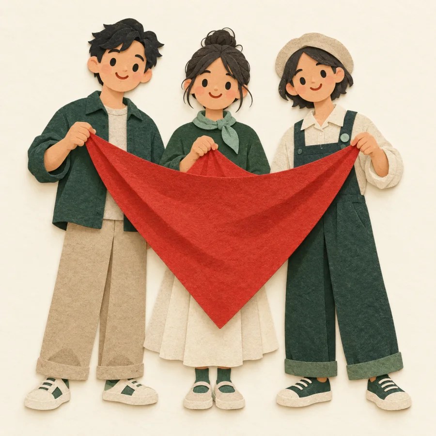 Three people each hold a corner of red cloth