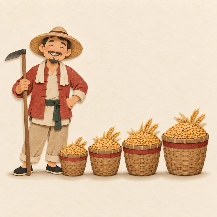 A farmer beside a row of overflowing grain baskets