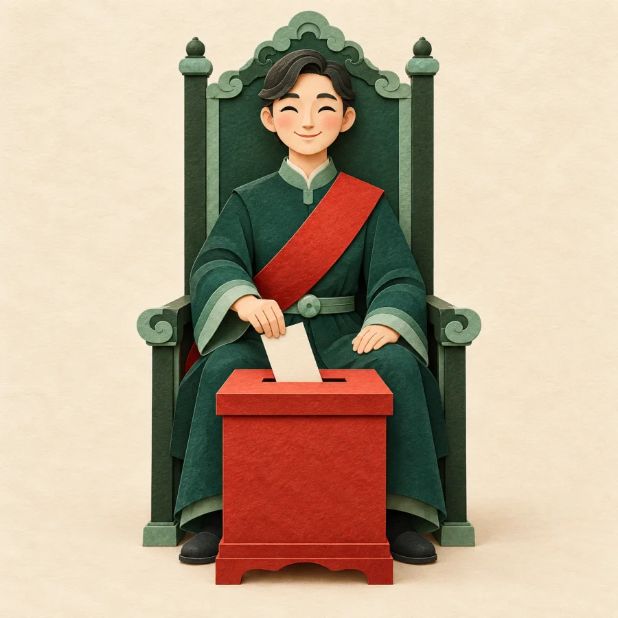 A smiling person in a chair with a red sash