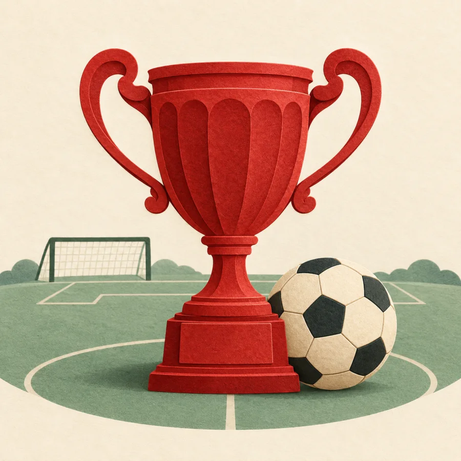A red cup beside a football on a pitch
