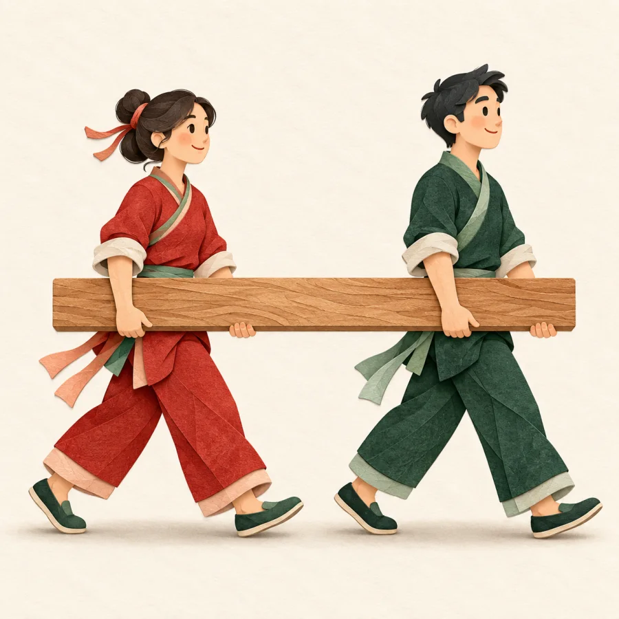 Two people carry a long plank together