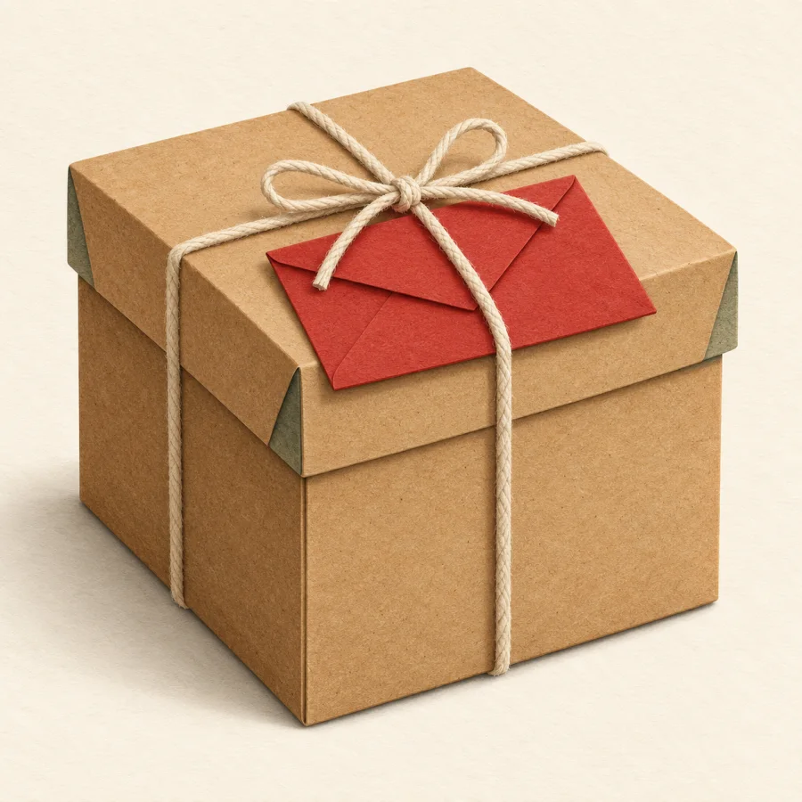 A parcel with a red envelope tucked under the string