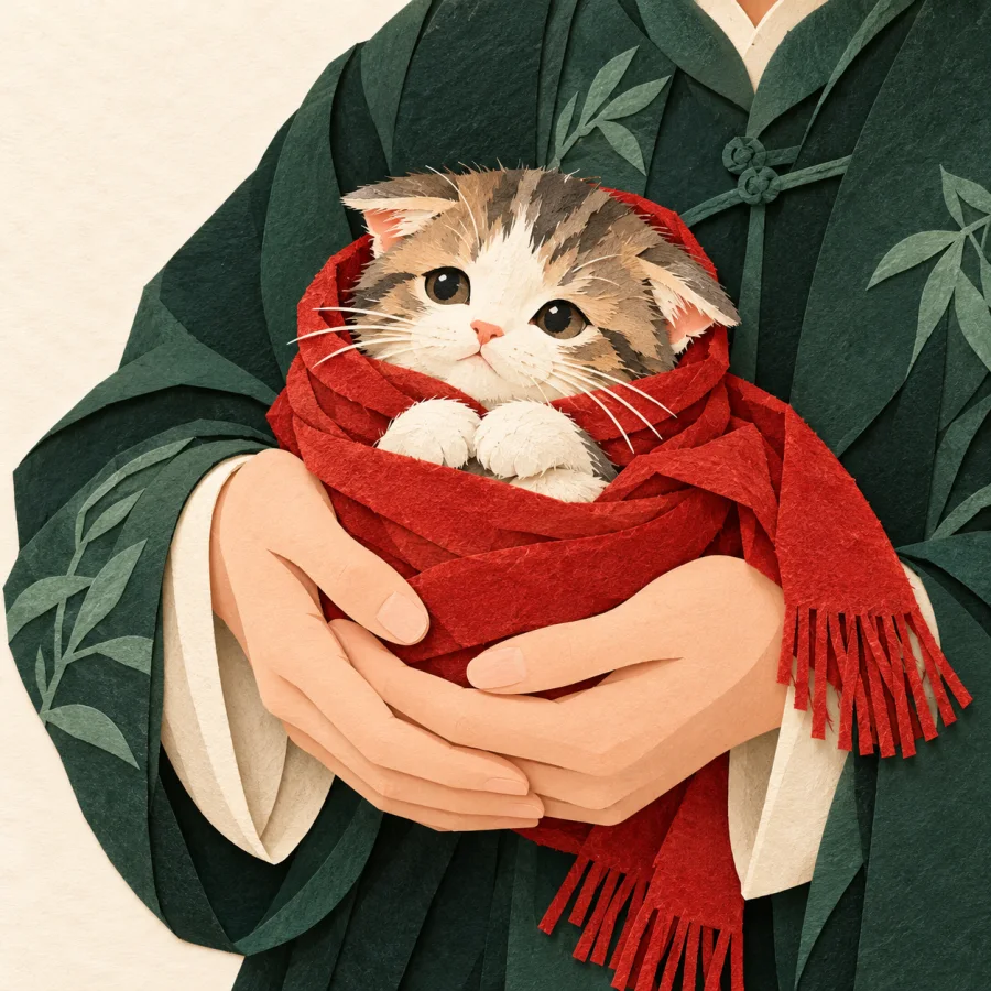 A person wraps a shivering kitten in a red scarf