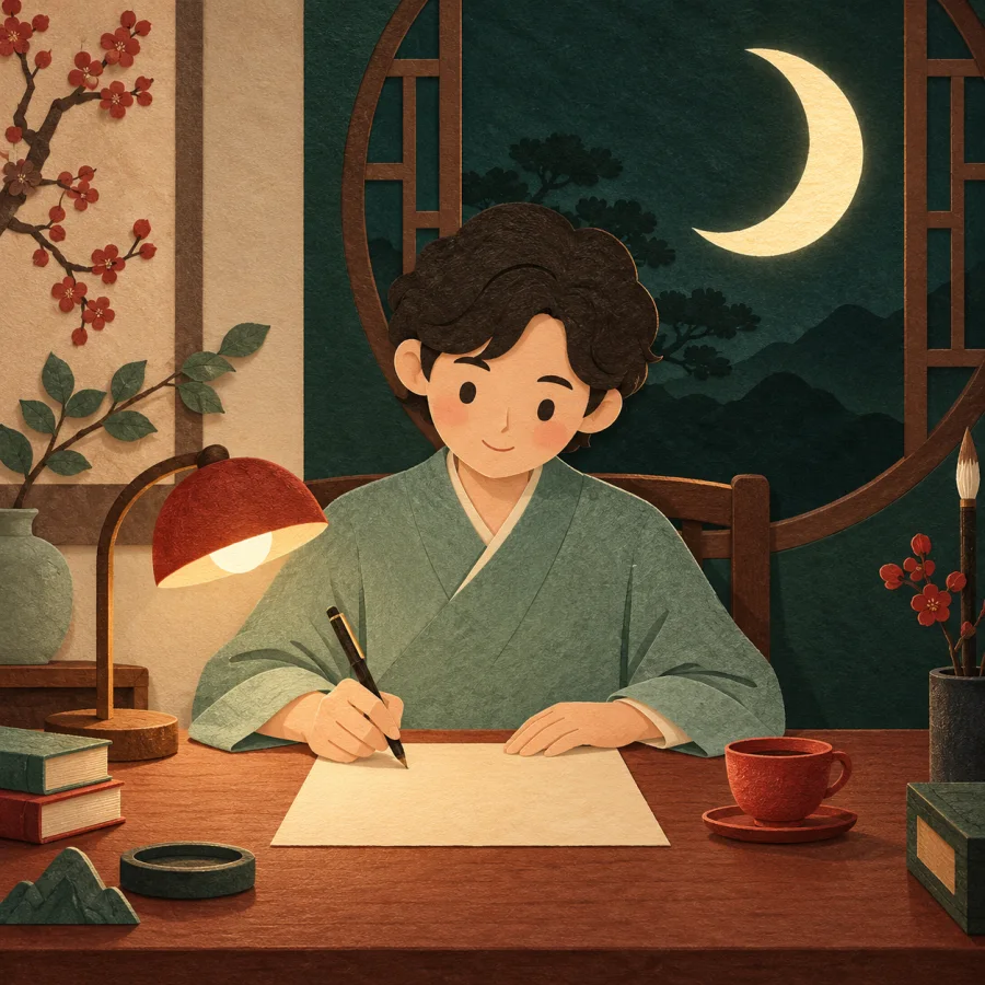 A person writes at a desk by a lamp under the moon