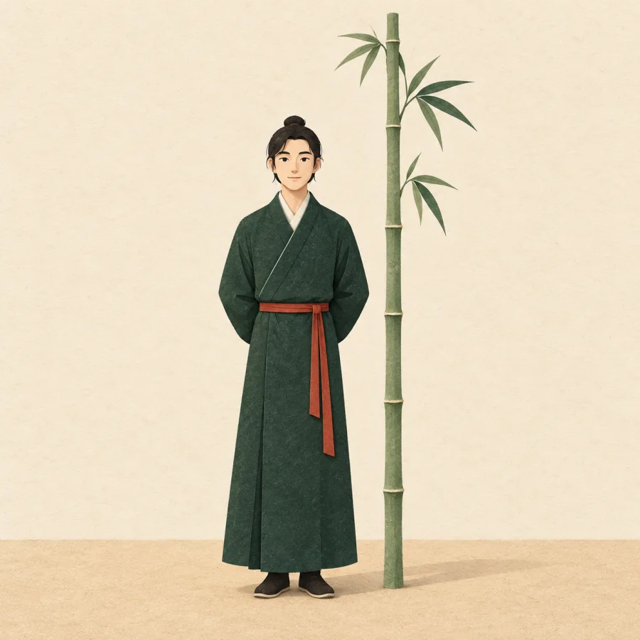 A person in a green robe stands straight beside bamboo