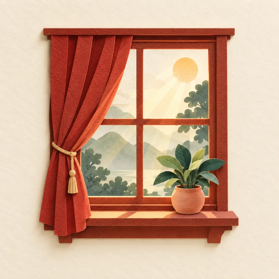 A red curtain drawn aside with sunlight coming in