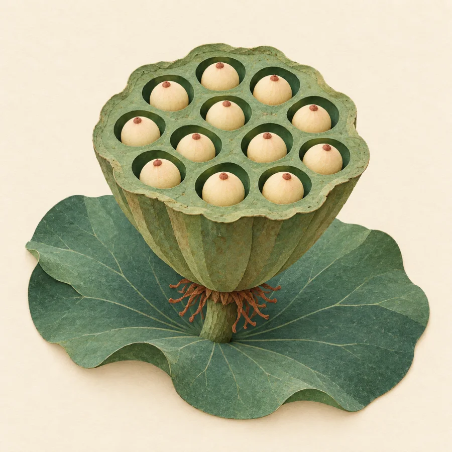 An open lotus pod with round seeds