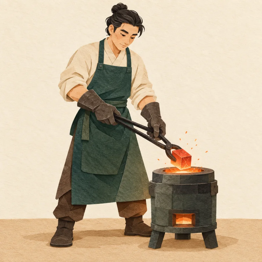 A craftsperson holds glowing red metal with tongs