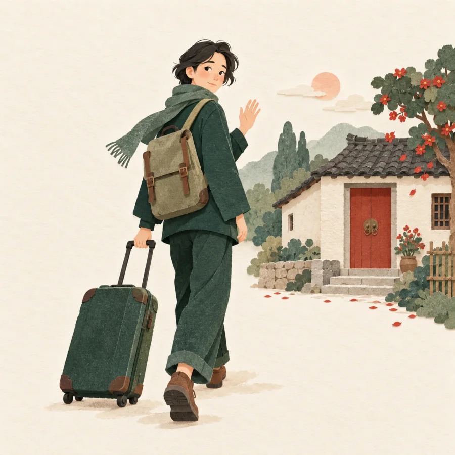A person with a suitcase looks back at a house with a red door