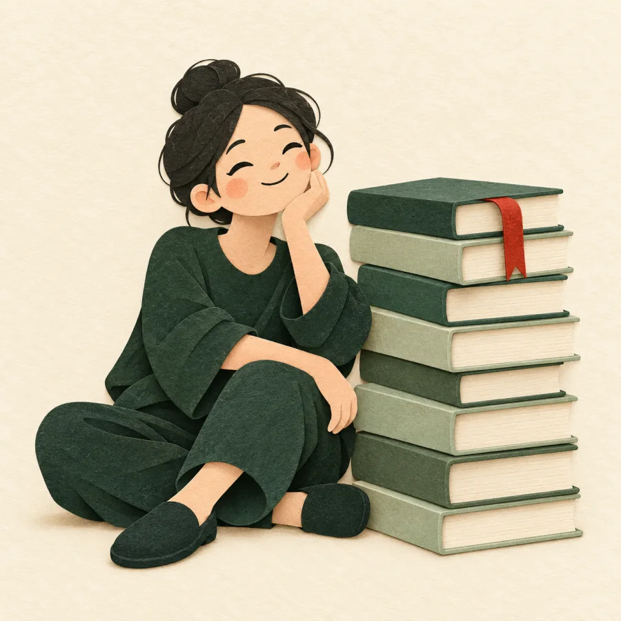 A content person beside a tall stack of books