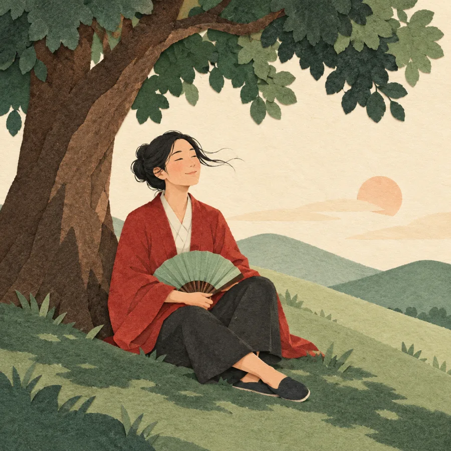 A person rests in tree shade in a gentle breeze