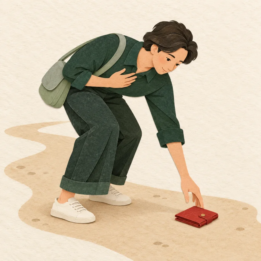 A person bends to pick up a red wallet, hand on heart