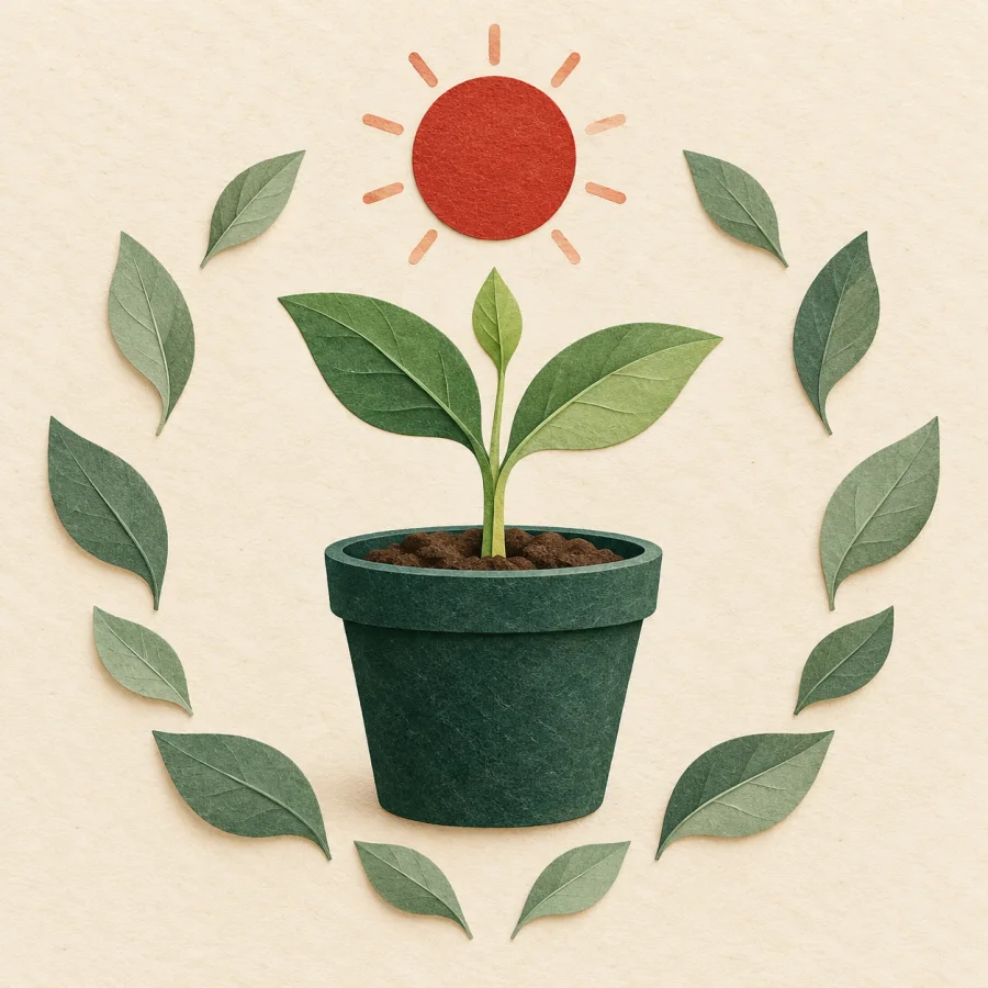 A healthy sprout in a pot with a ring of leaves and sun