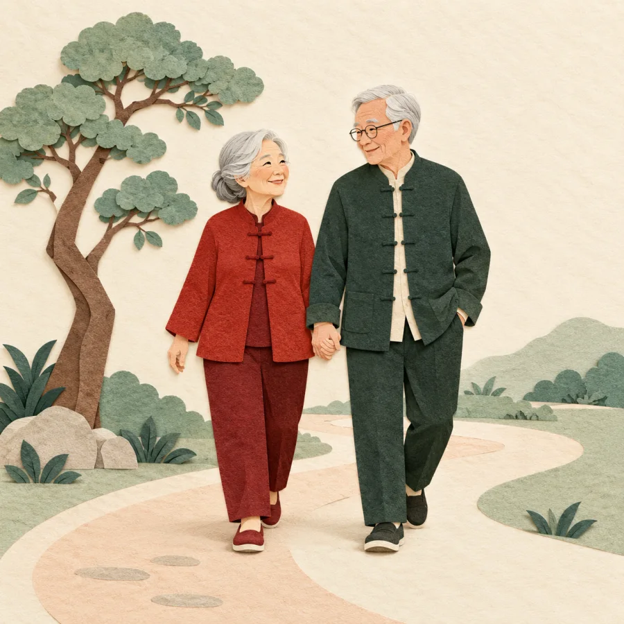 An elderly couple walks hand in hand in a park