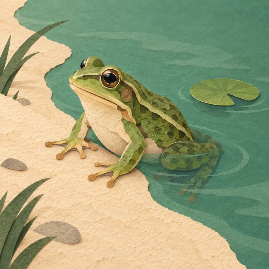 A frog sits half on the bank and half in the water