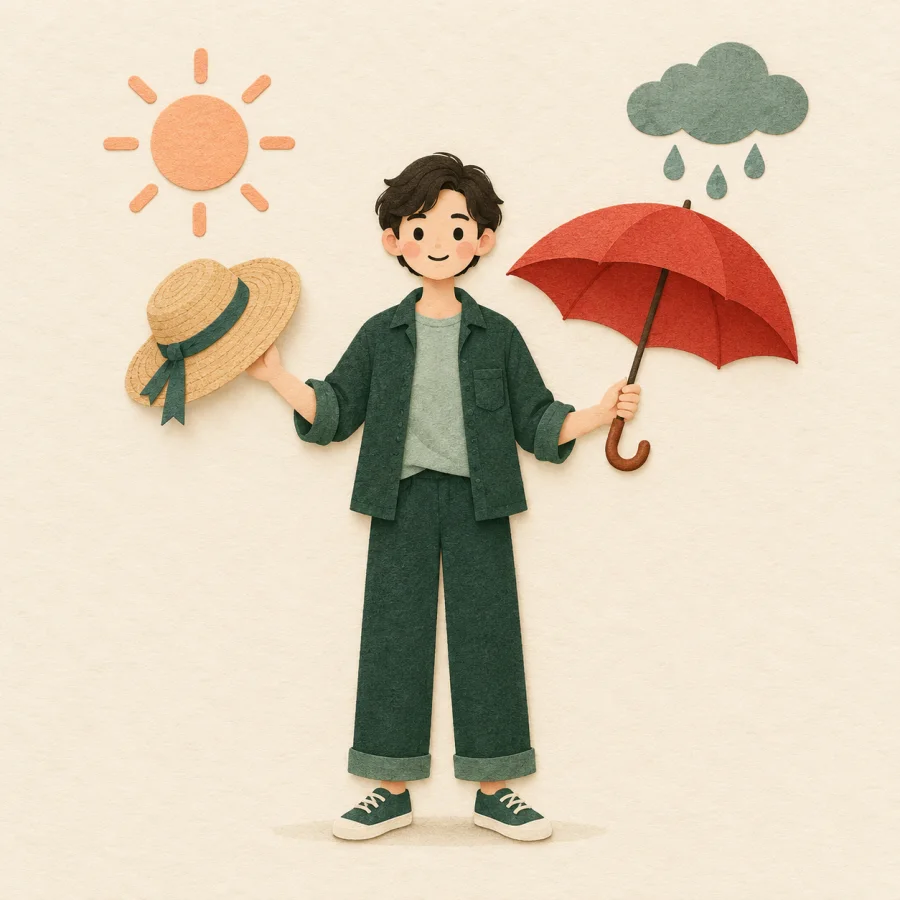 A person holds an umbrella in one hand and a hat in the other