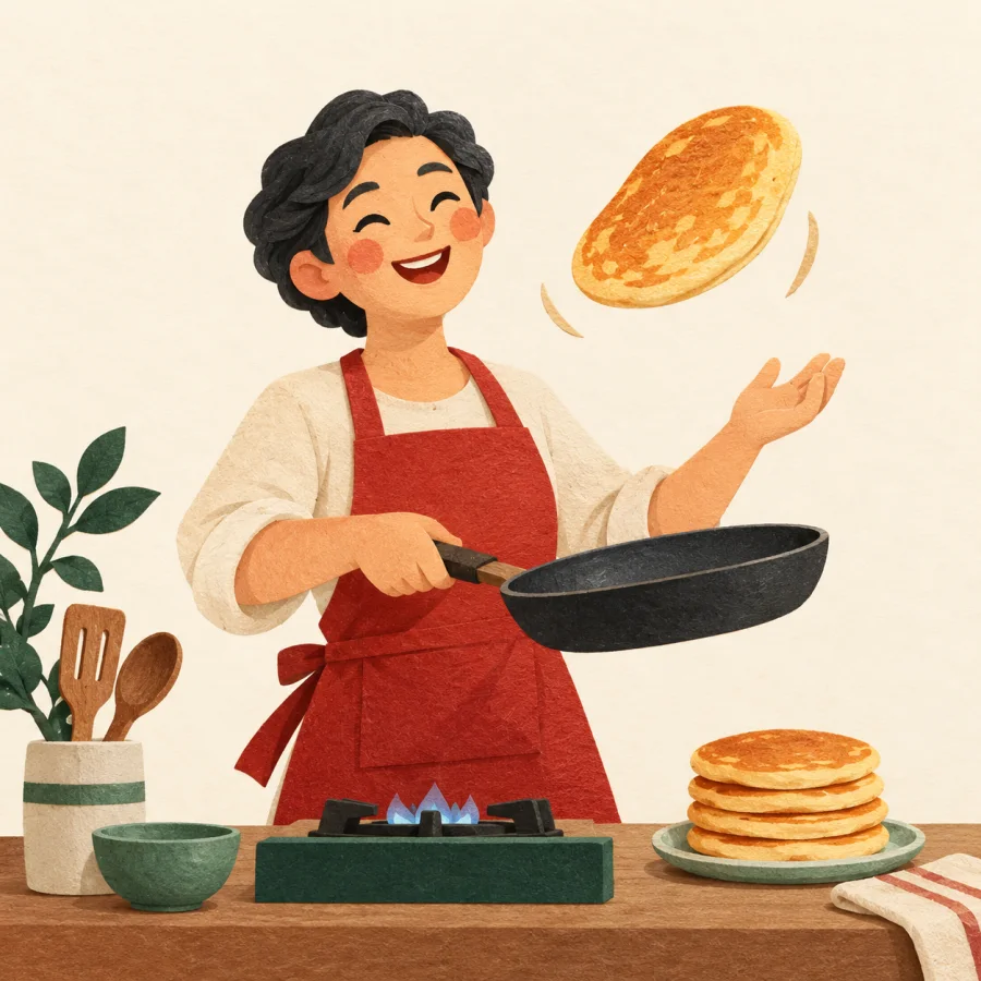 A cook flips a pancake high above the pan