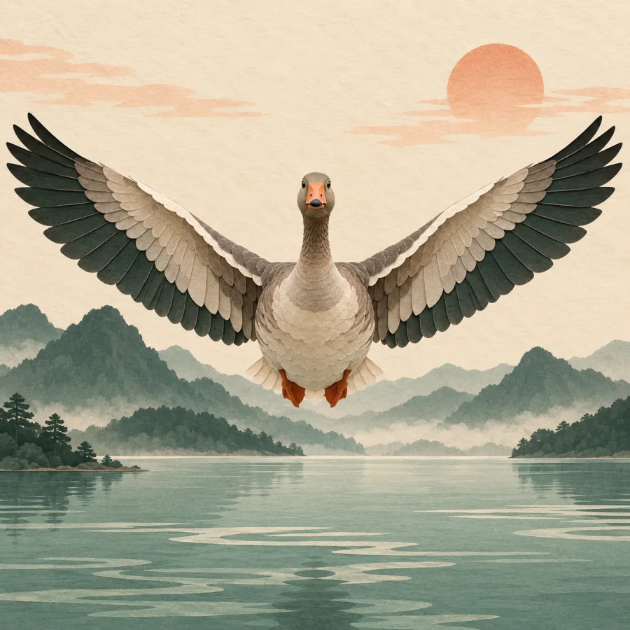 A wild goose flies over a lake with both wings spread