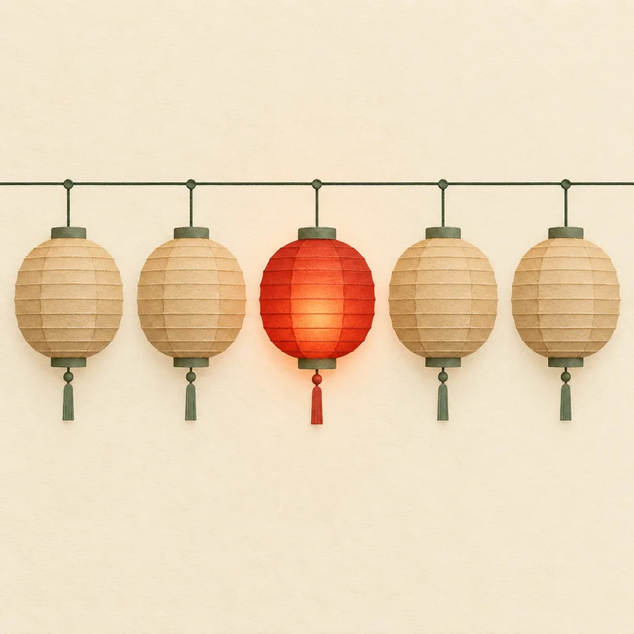 One red lantern glows among plain sand-colored ones