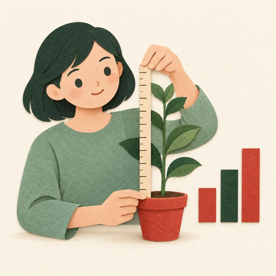 A person measures a potted plant with a ruler