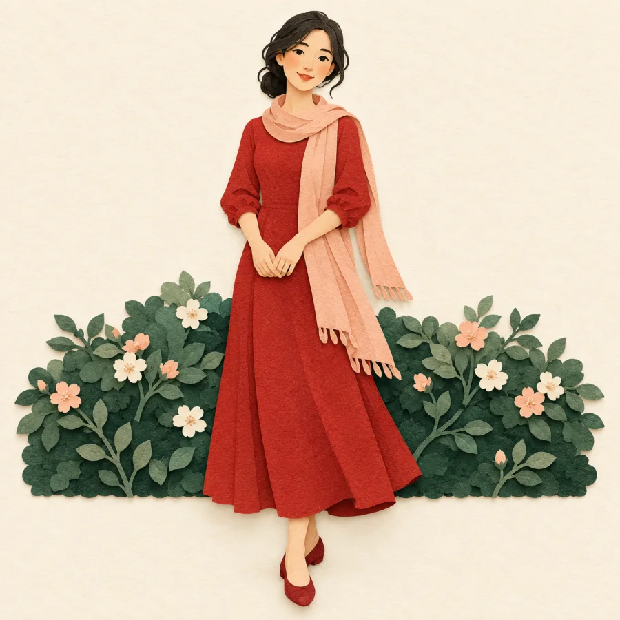 A person in a vivid red dress stands by a green hedge