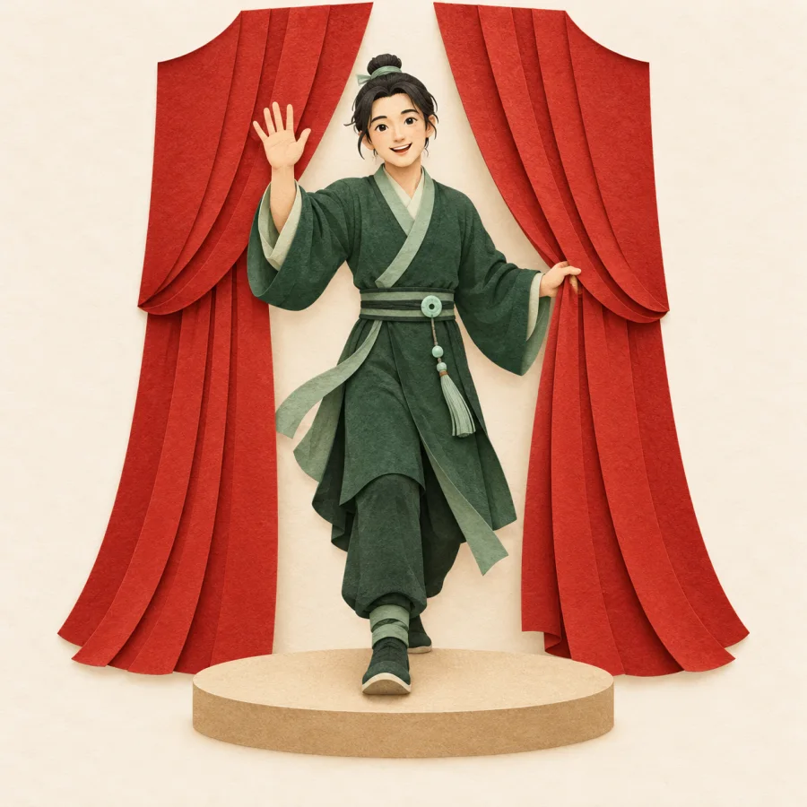A person steps out from behind a red curtain onto a stage