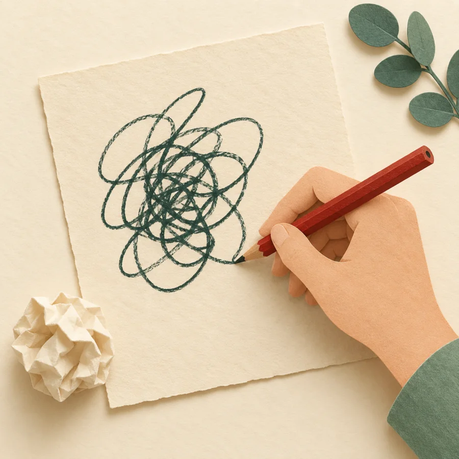 A hand scrawls messy green loops across a sheet