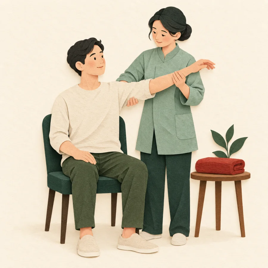 A therapist guides a patient through a gentle arm stretch