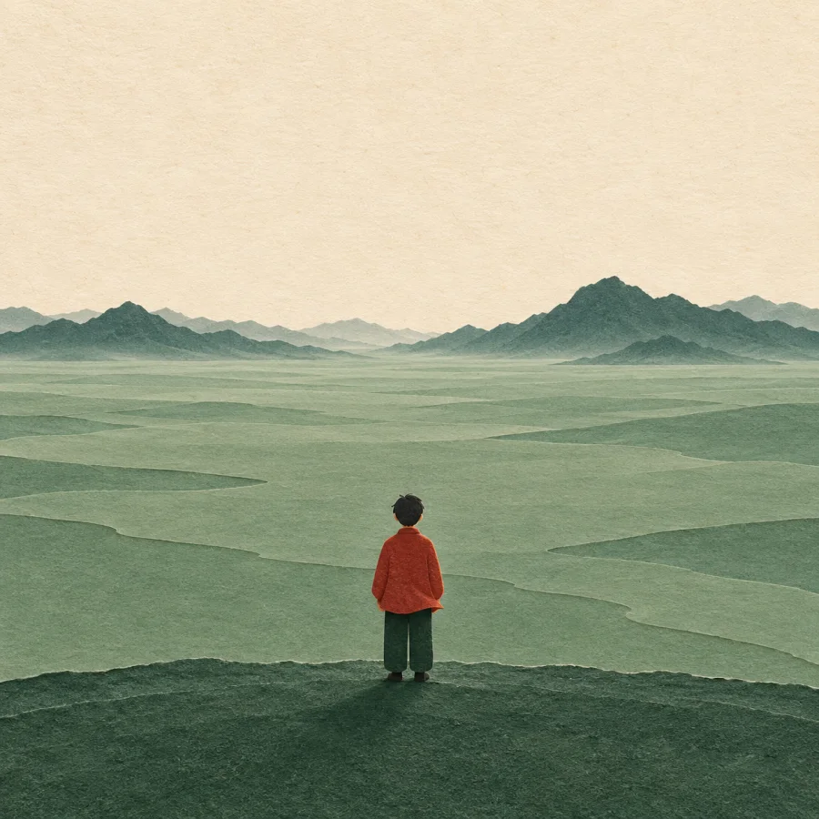 A tiny person stands at the edge of a vast green plain