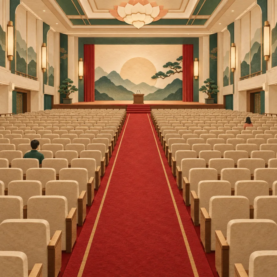 Almost all the chairs in a huge hall are empty