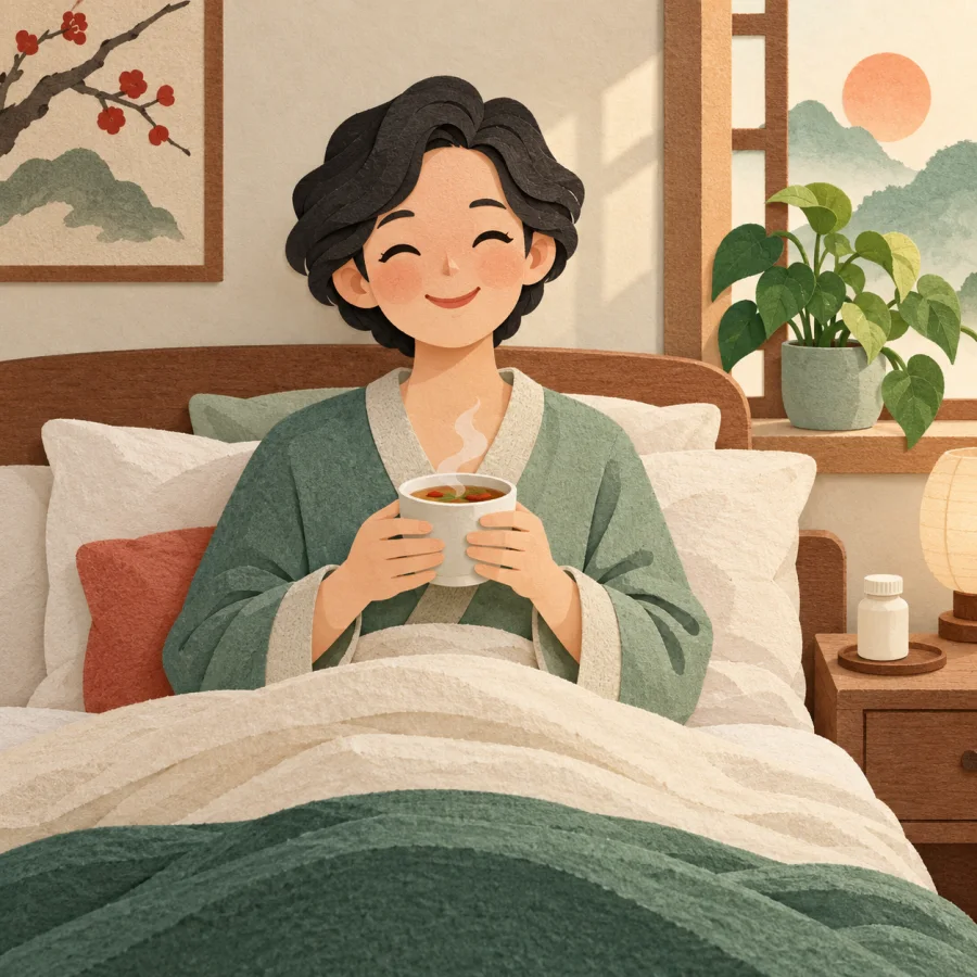 A recovering person sits up in bed with a cup of tea