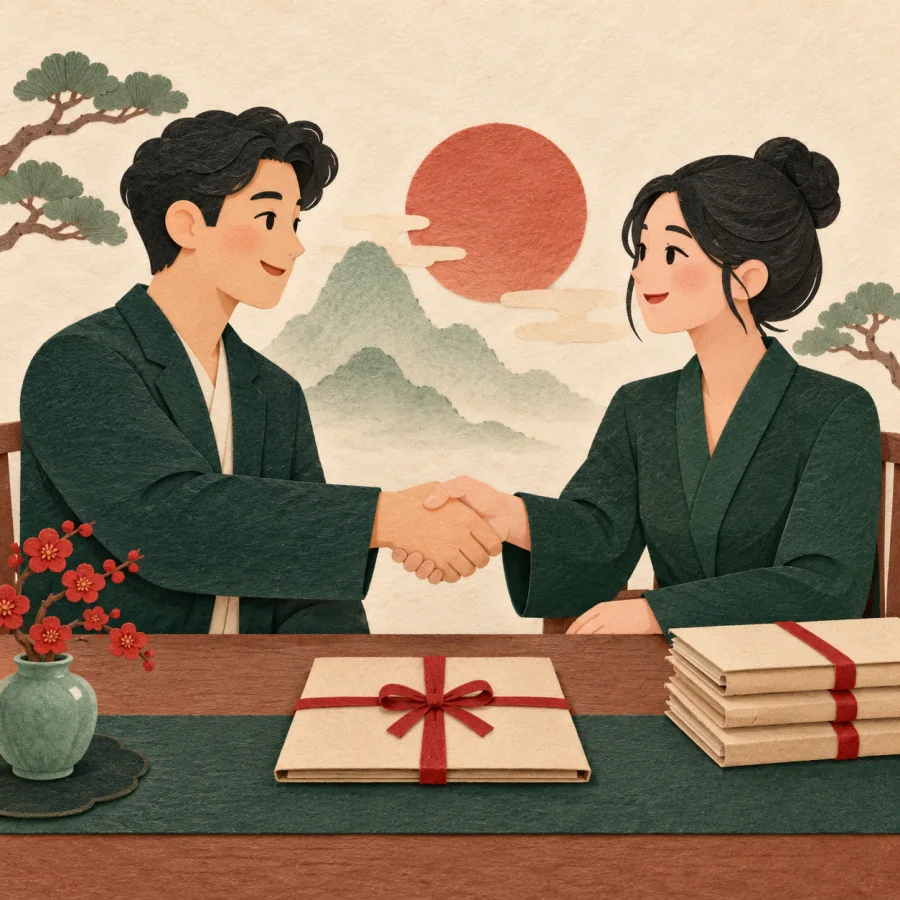 Two people shake hands over a table with a closed folder