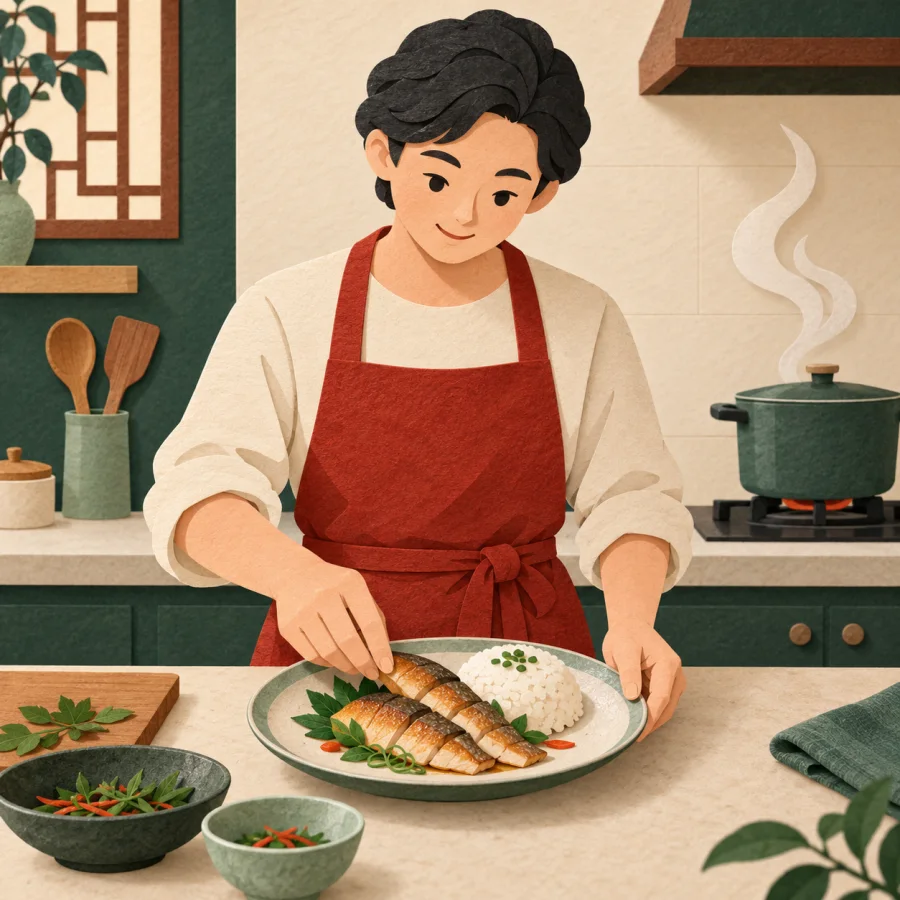 A cook in an apron arranges fish and rice on a plate