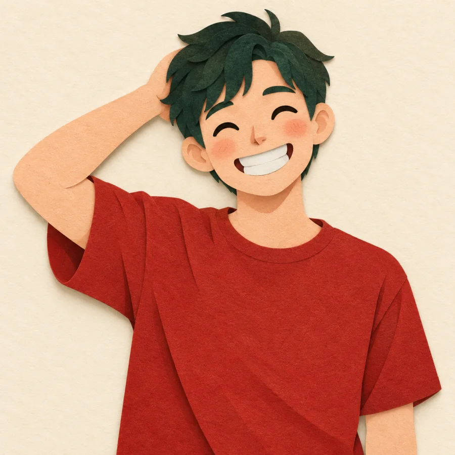 A person grins widely and scratches the back of their head