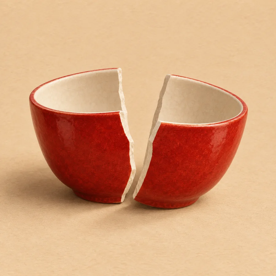 A red cup lies split in two halves on a sandy floor