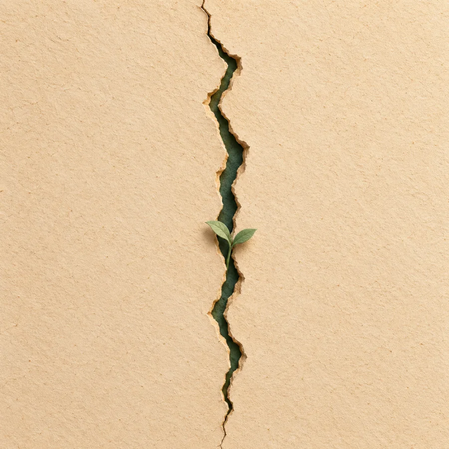 A long crack runs down a wall with a sprout growing from it