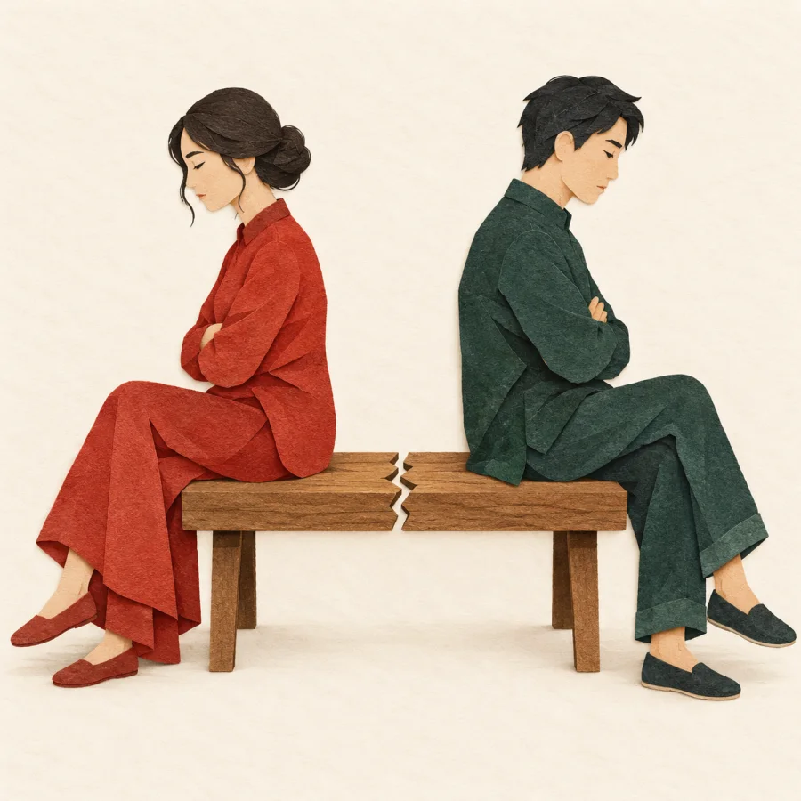 Two people sit back to back on a cracked bench
