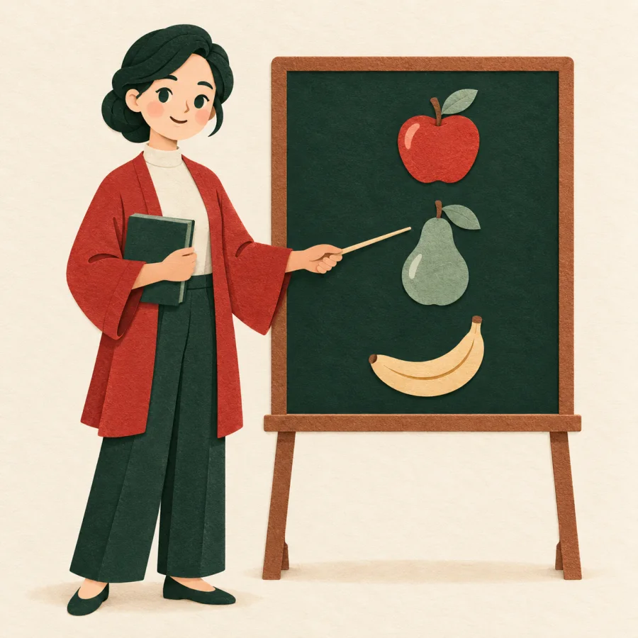 A teacher points at a neat list of three fruits