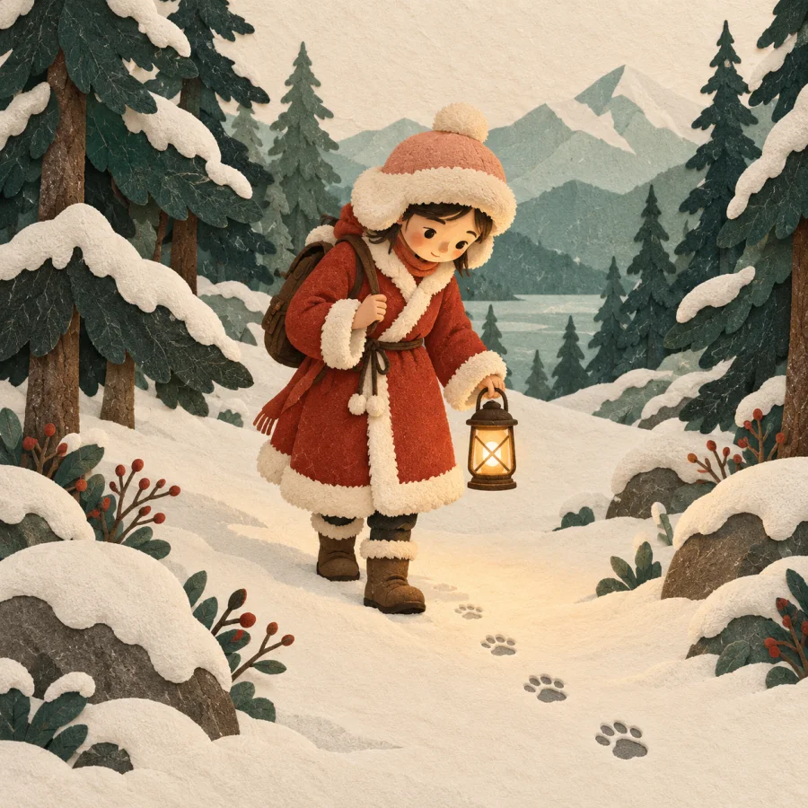 A person in a warm hat walks a forest path among pines