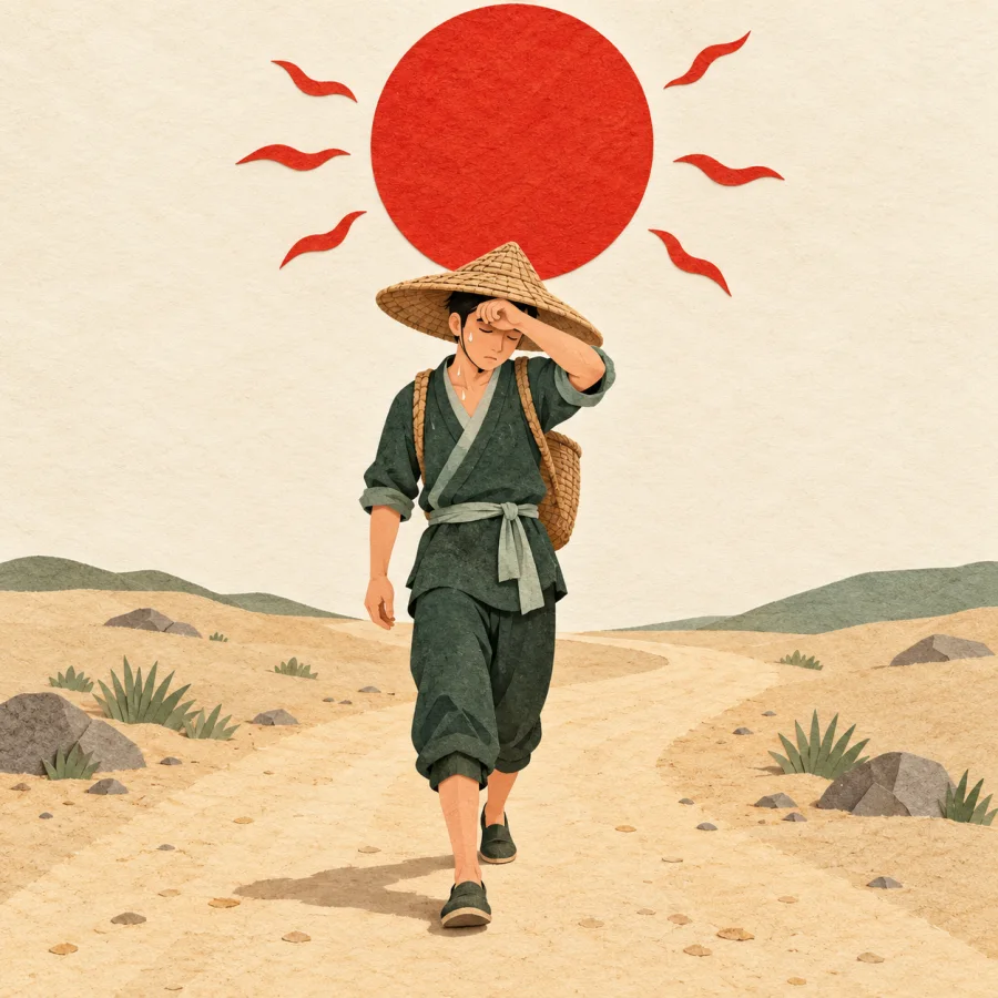 A huge red sun blazes over a dusty road